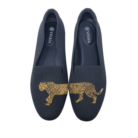 Vivaia Audrey Round Toe Embroidered Loafers Black Cheetah Embroidered Size 39 - Picture 1 of 10